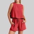 thumbnail image 2 of Birdeem Mode Femme Col Rond Blouse Sans Manches Ample Coton Lin Poches Pantalons Ensembles Chemises, 2 of 8