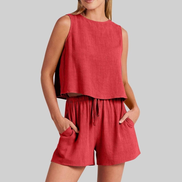 Birdeem Mode Femme Col Rond Blouse Sans Manches Ample Coton Lin Poches Pantalons Ensembles Chemises