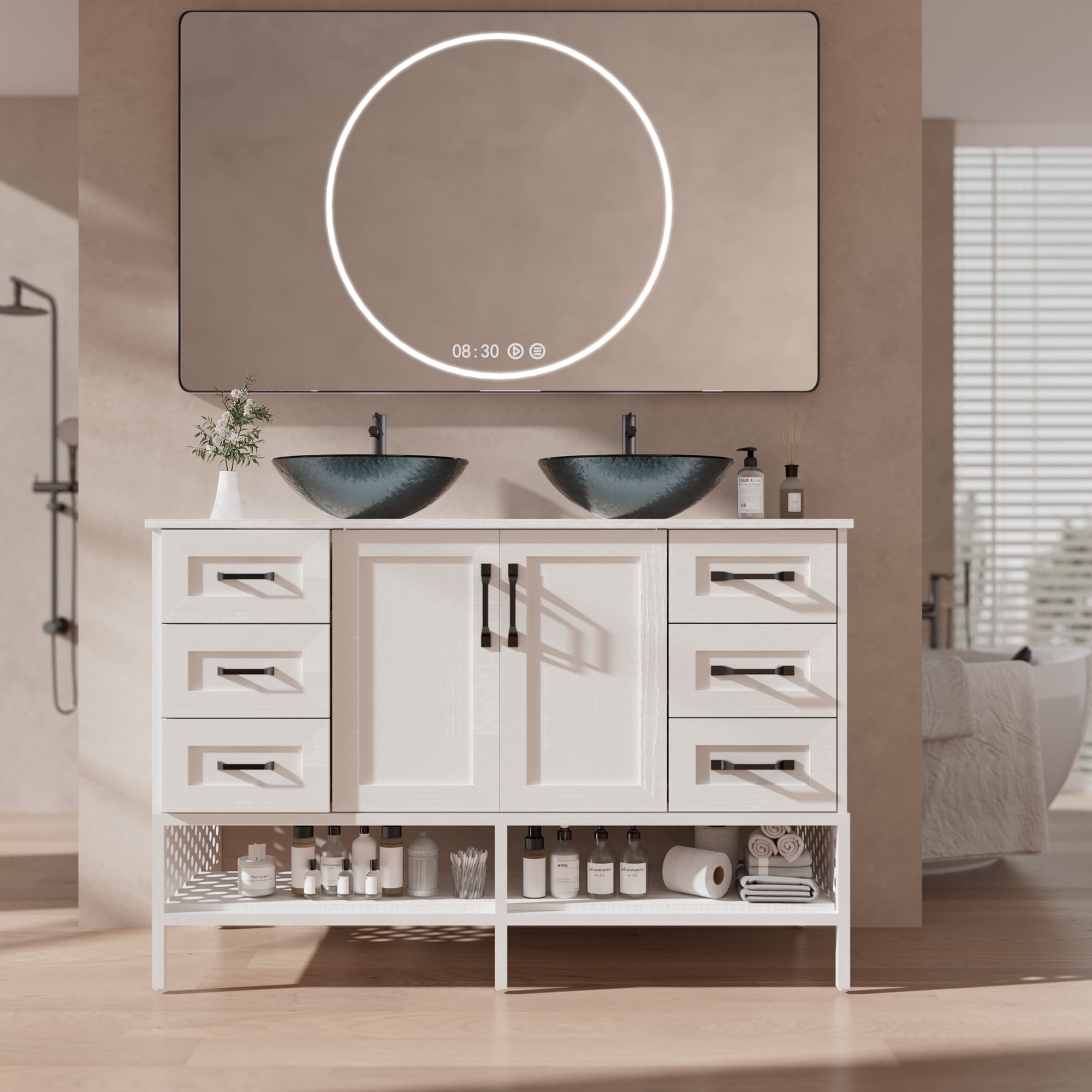 48-Inch Double Sink Bathroom Vanity with Tempered Glass Countertop, Freestanding Modern Iron Wood Cabinet with 6 Drawers & Open Shelves, White