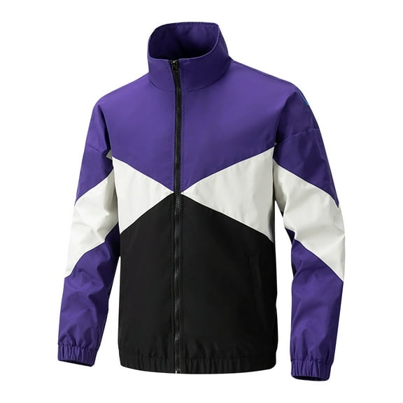 Maoxin Men's Coats Men's Color Block Sports Zipper Pocket Long Sleeved Casual Jacket Purple XL