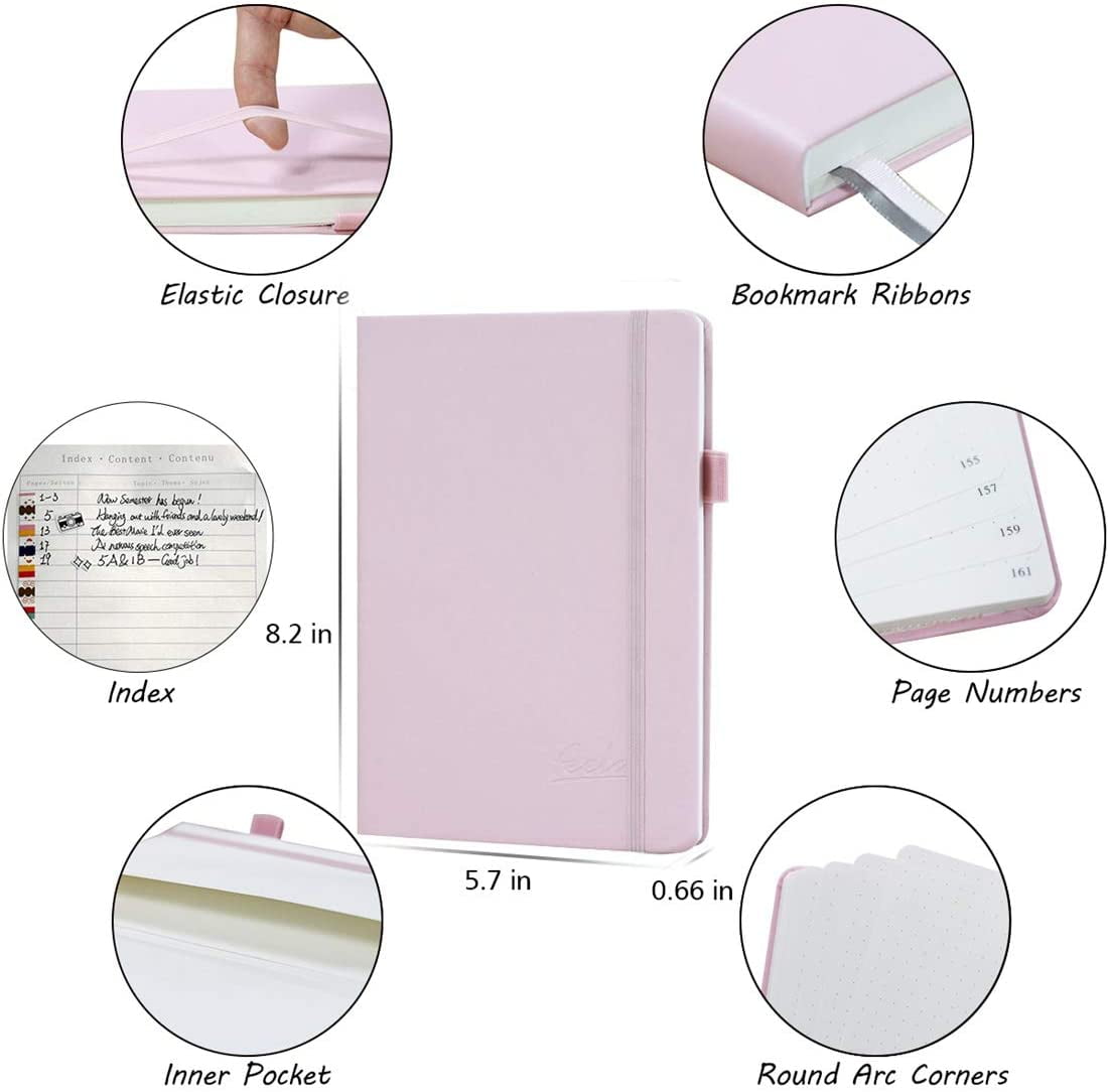 Dotted Journal Set, 224 Numbered Pages Faux Leather A5 Grid Hard Cover Pink Notebook Planner with Index Inner Pocket, Abundant Accessories for Beginners Diary Schedule by Feela