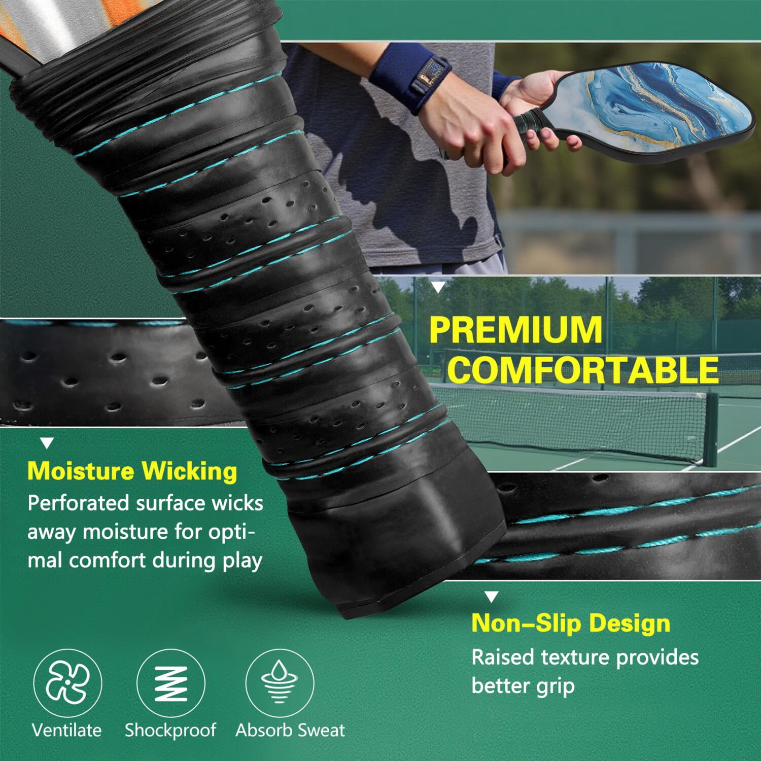 Pickleball Paddles Set Of 2, Fiberglass Surface, Turquoise Marble Pattern, 4 Balls & Bag