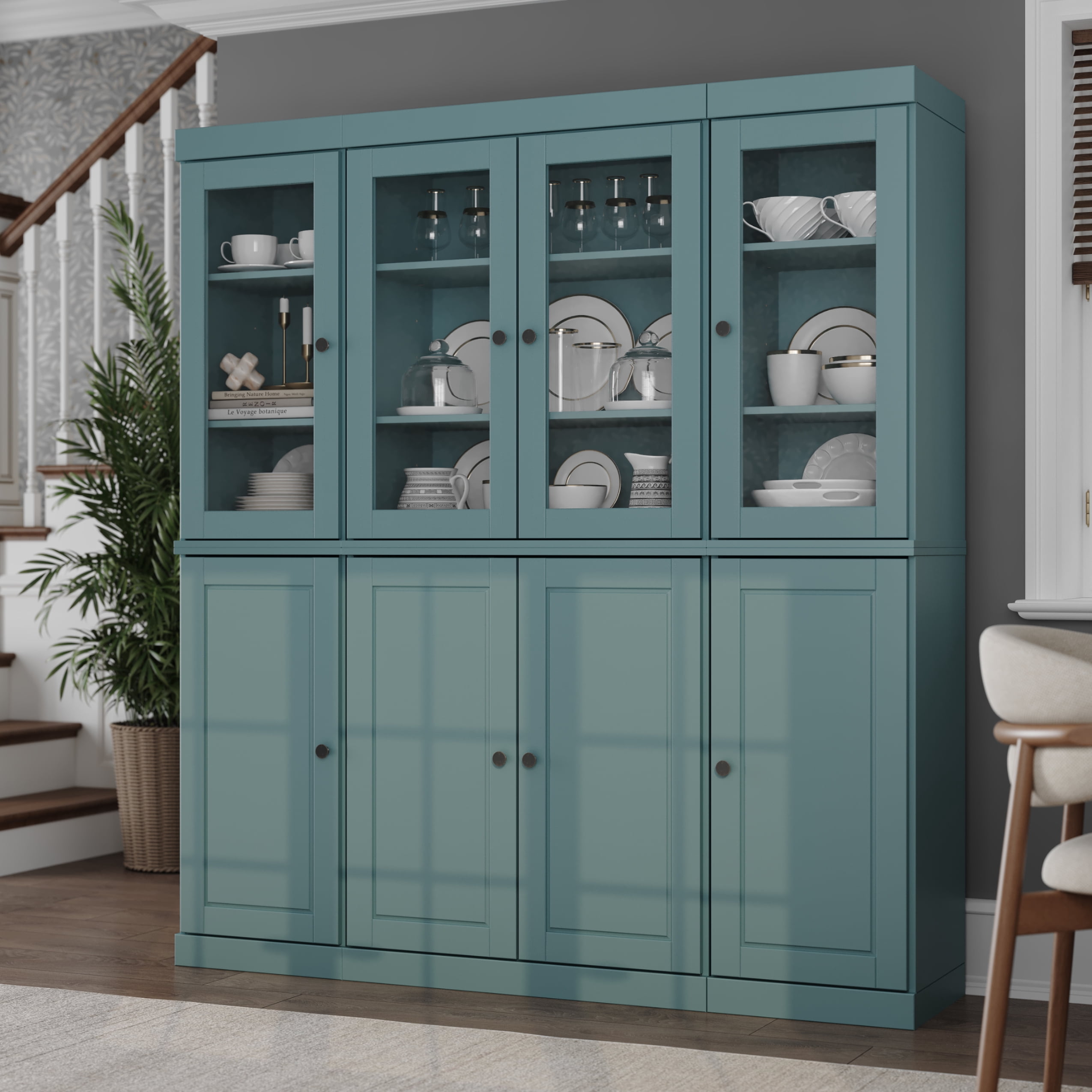 Palace Imports 100% Solid Wood Kitchen Pantry Storage Cabinet with Solid, Clear Glass Doors, Adjustable Shelves and 2-Drawers, Aqua Blue