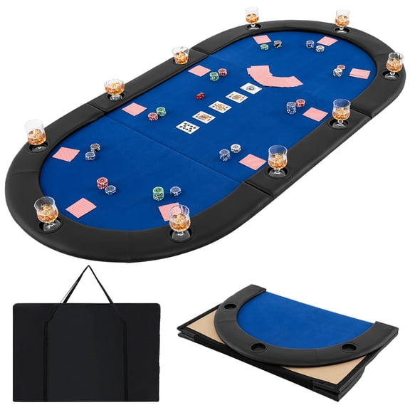 Gymax 84'' x 42'' 10-Player Foldable Padded Poker Table Top w/ Carrying Bag Cup Holders Blue