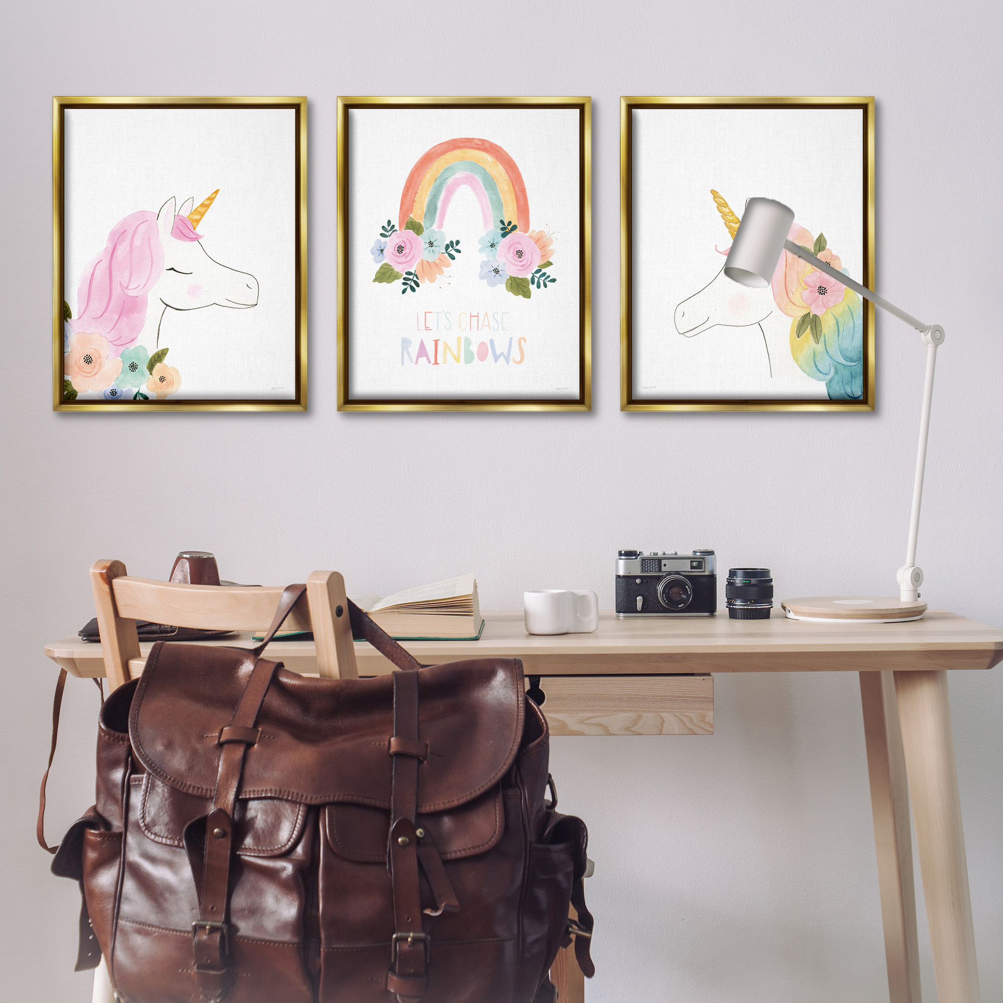 Stupell Industries Let's Chase Rainbows Unicorns Fairy Tales & Fantasy Painting Gold Floater Framed Canvas Art Print Wall Art, 25 x 31, Set of 3