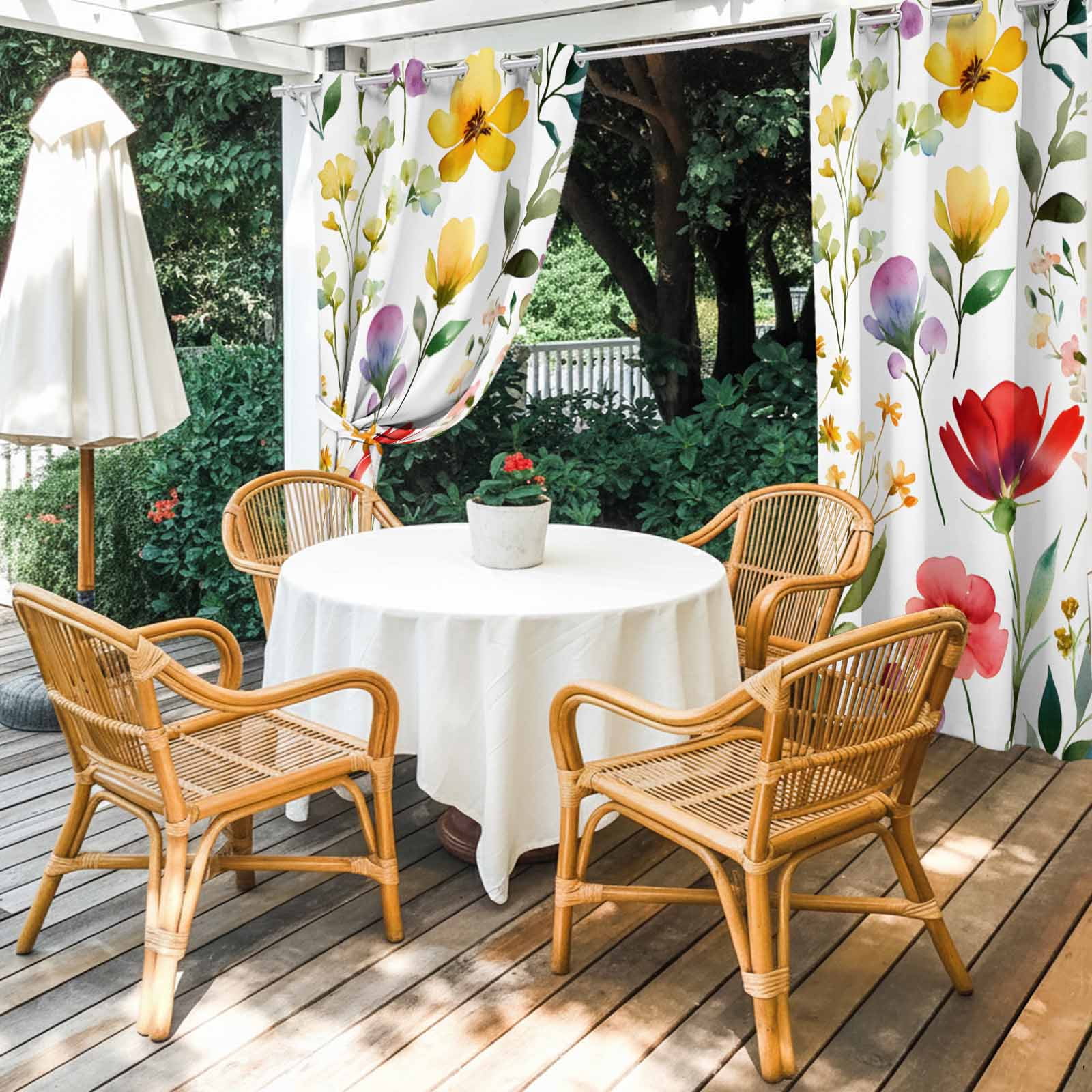 Spring Floral Outdoor Curtains for Patio, Gradient Red Purple Yellow Flowers Romantic Farmhouse Waterproof Outside Curtains Privacy Blackout Curtain for Porch Pergola Cabana, 2 Panel 54W x 108L Inch