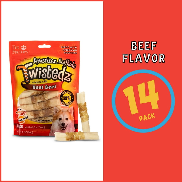 Pet Factory Twistedz American Beefhide Mini Rolls w Beef Meat Wrap 3 3.5