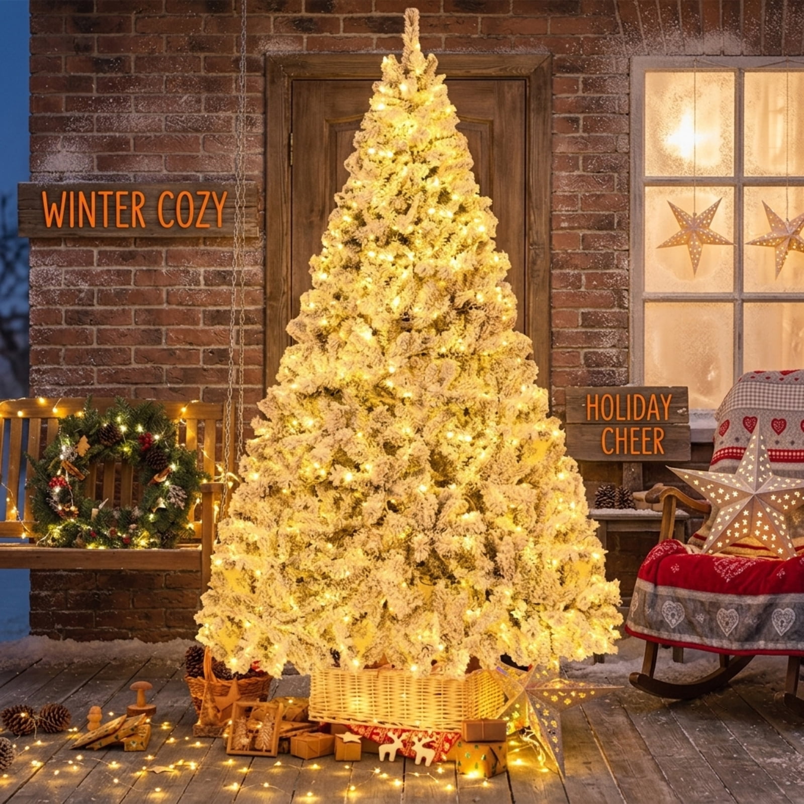 RUIE 8 ft Flocked Christmas Tree, Tall Pre-Lit Green White Artificial Xmas Tree with 600 LED Lights and 1370 Branch Tips for Home