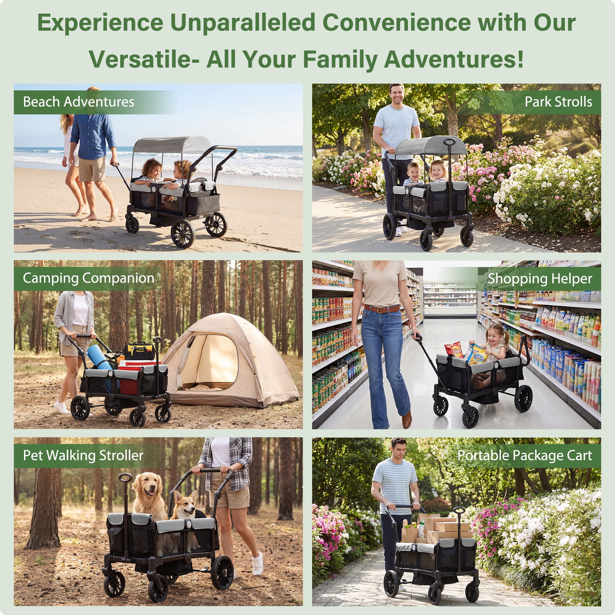 Bobiber Collapsible Wagon Stroller 2 Seater with 3-Point Harnesses, Canopy, Storage Bag, Adjustable Handlebar, 2 Cup Holders, Gray