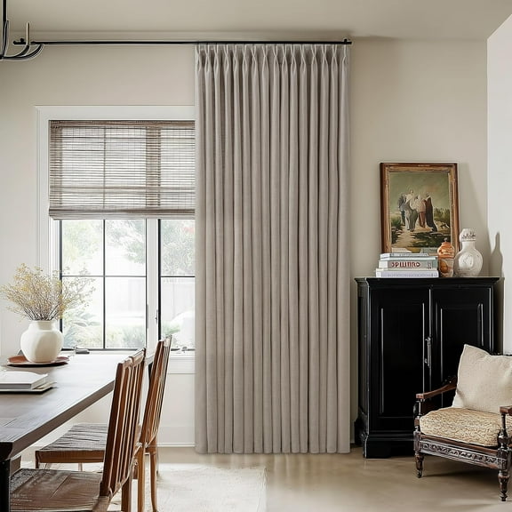 Taupe Pinch Pleated Linen Curtains 96" Long, Light Filtering Neutral Farmhouse Drapes, Burlywood Birch, 1 Panel