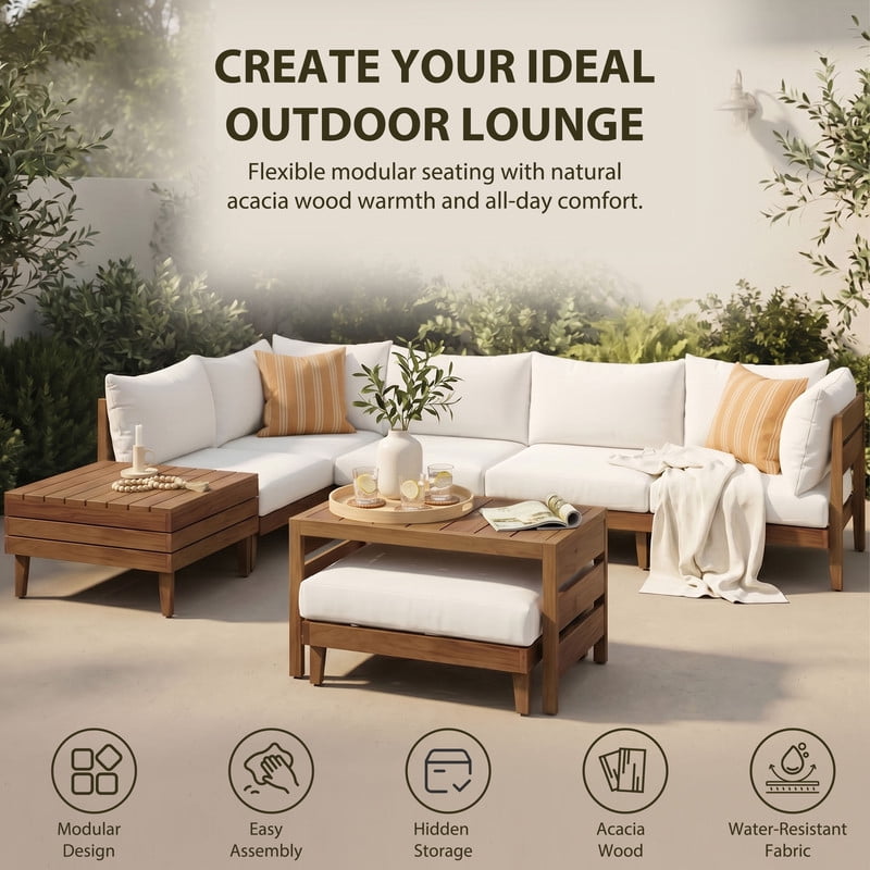 8-Piece Solid Acacia Wood Outdoor Sofa Sectional Set for 6, Patio Modular Chat Set with Coffee Table, Storage Tea Table & Cushions