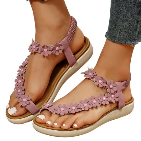 

ZIZOCWA Summer Bohemia Women Sandals Flowers Beach Elastic Band Casual Flip Flops Open Toe Flat Soft Bottom Breathable Shoes Sandals Pink Size6.5