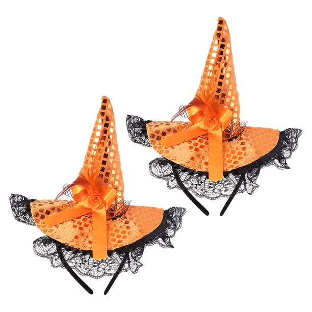2 piezas de sombrero de Halloween diadema de bruja disfraz de fiesta de disfraces gorro de lentejuelas de encaje fruncido para decoración naranja