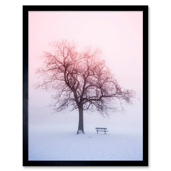 Wee Blue Coo Winter Landscape Snow Tree Foggy Sunrise Art Print Framed Poster Wall Decor 12x16 inch