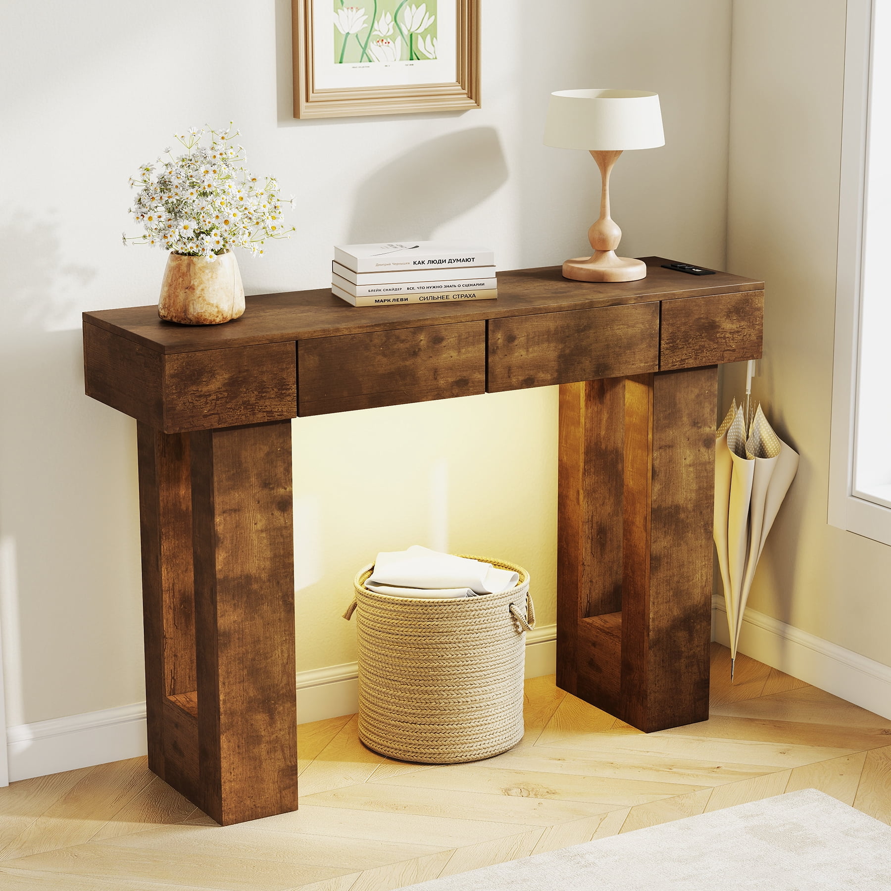 MOONMISS 47"Wide Console Table with 2 Drawers,Multifunctional Charging Station, LED Light, Solid Wood Farmhouse Console Table Behind Couch for Entryway, Hallway, Living Room-Dark Brown
