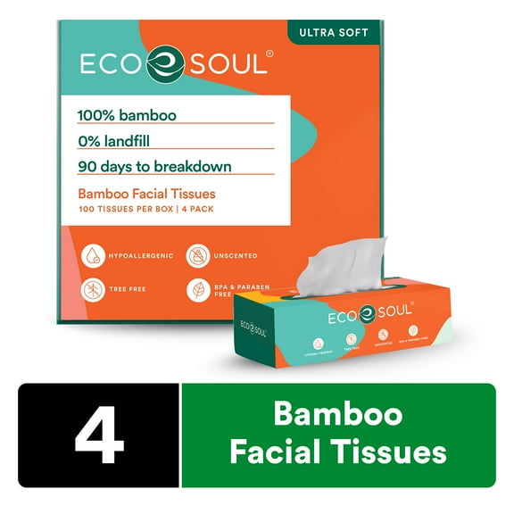 ECO SOUL 100% Compostable Bamboo Facial Tissues | Premium Tissue Box of 4 Packs (100 Tissues per Pack, 400 Count) | Facial Tissue Cube Box, Paper Tissue, Travel Facial Tissue