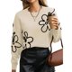 thumbnail image 2 of Suéteres de Punto con Hombros Descubiertos para Mujer, Suéter de Otoño con Flores, Cuello Redondo, Larga y Estilo Moderno. Albaricoque L, 2 of 10