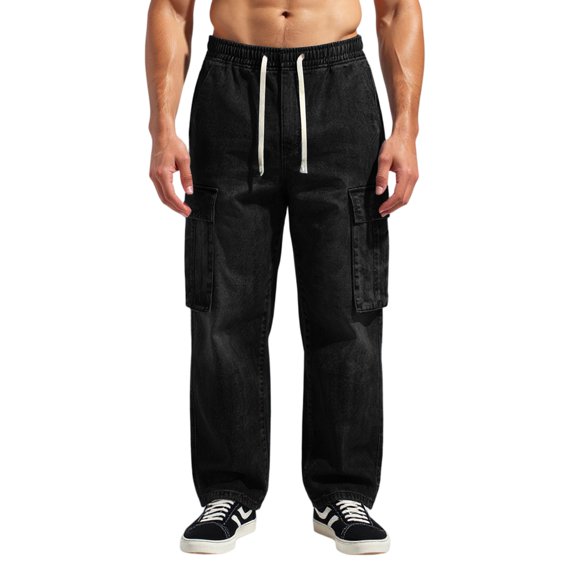 WTOBBY Men's Casual Versatile Retro Workwear Pants,Loose Straight Fit Zipper Design for Everyday Wear, Comfortable and Stylish Industrial Trousers,Black L