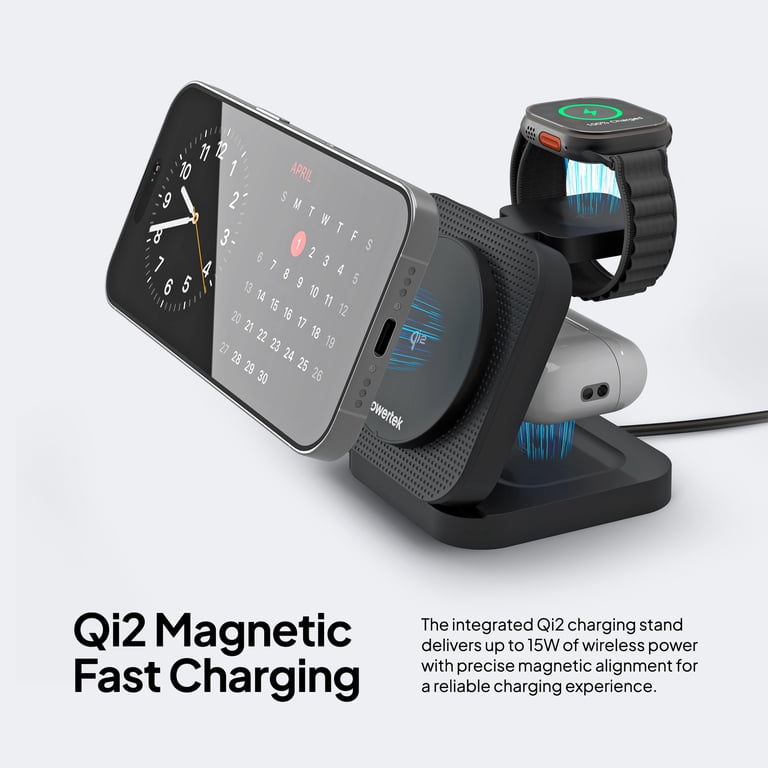 Powertek 3-in-1 Qi2 Wireless Charging Station, Black photo 3