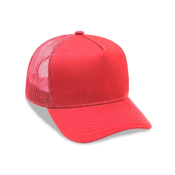Daxton A Frame 5 Panel Trucker Hat High Profile Curved with Mesh, Red-No Rope