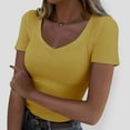 thumbnail image 3 of Gubotare Womens Summer Short Sleeve V Neck Double Lined Basic Slim Fit Crop T Shirt (Yellow,L), 3 of 5