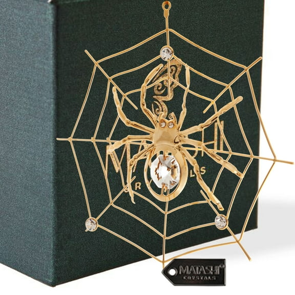 Matashi Home Decorative Tabletop Showpiece 24K Gold Plated Crystal Studded Spider on Spider Web Ornament