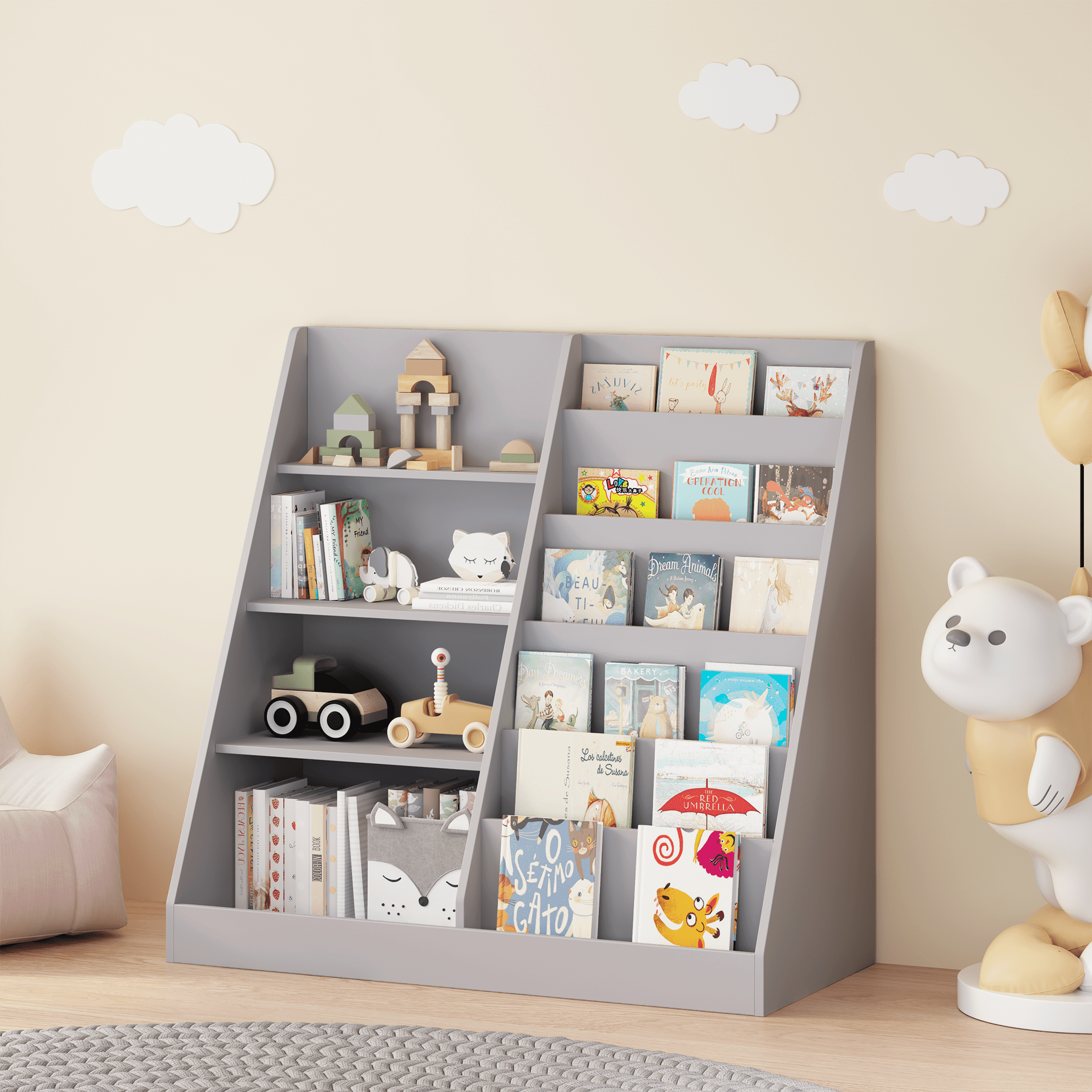 Kids Furniture Kids Bookshelf and Toy Storage Organizer, Multifunctional 4 Tier Wooden Kids Book Shelf with Bookcase Display Stand in Kids Room Playroom Nursery for Kids, Children, Toddlers (Gray),Ba