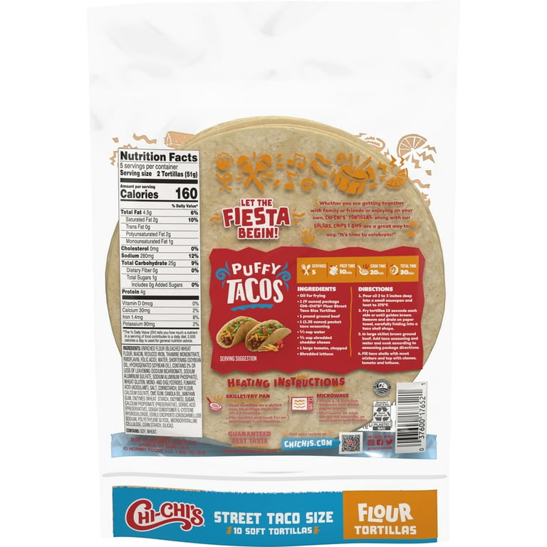 CHI-CHI'S Flour Tortillas Street Taco Size, Shelf Stable, 9oz  Resealable Package, (10 Count)