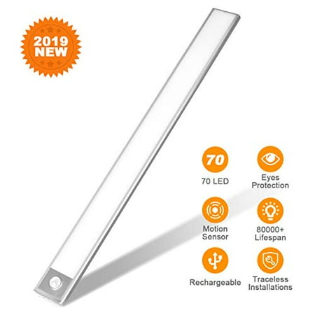 

70 LED Closet Light Rechargeable Eye Protection Under Cabinet Lighting Bar Energy Saving Motion Sensor Motion Lighting Luxury Aluminum Lighting for Indoor Outdoor Kitchen Cabinet (2 Sensor Modesï¼‰