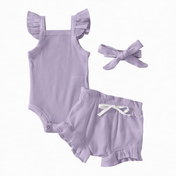 TOWED22 Baby Girl Clothes Summer Outfits Cute Flower Romper Ruffle Skirt Shorts Skort Newborn Outfit Bodysuit Sets Light Purple,6-9 M