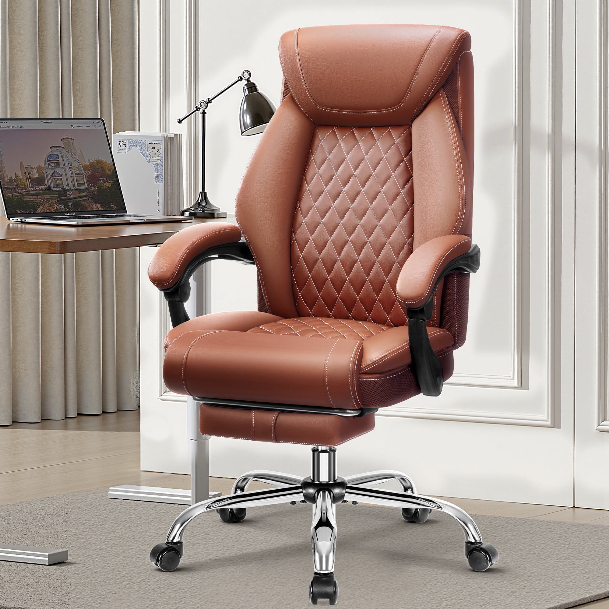 FASTES Ergonomic Office Chair, Big and Tall Leather Desk Chair with Footrest and Lumbar Support, 2-Position Reclining Executive Computer Chair, Brown