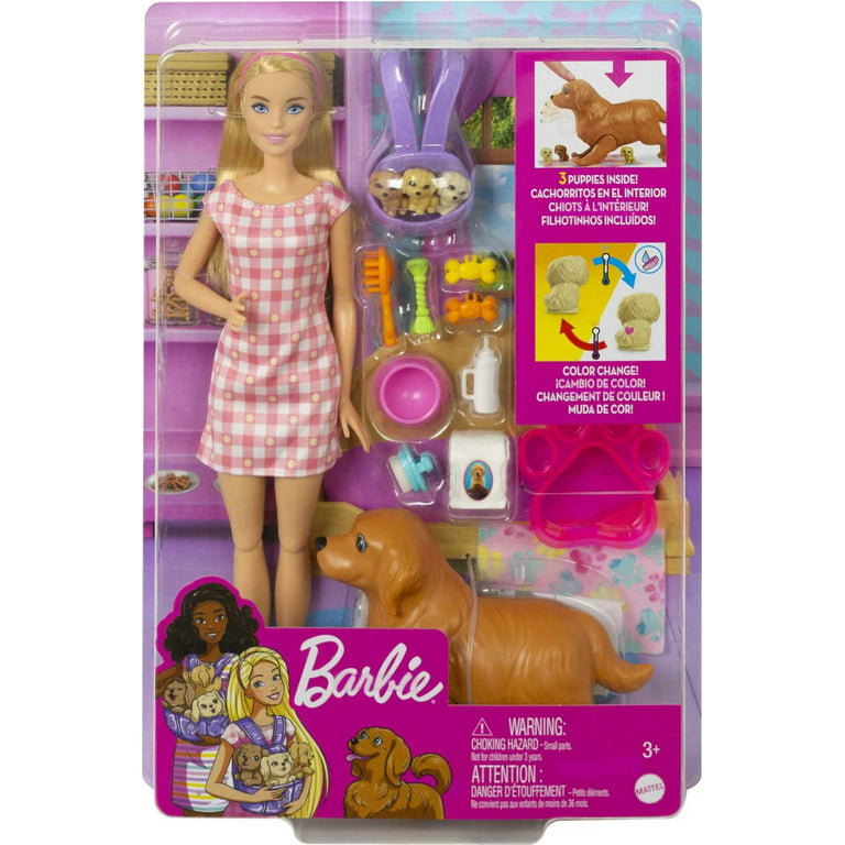 Barbie Doll Newborn Pups Playset With Blonde Doll, Mommy Dog And 3 Puppies,  Kids Toys