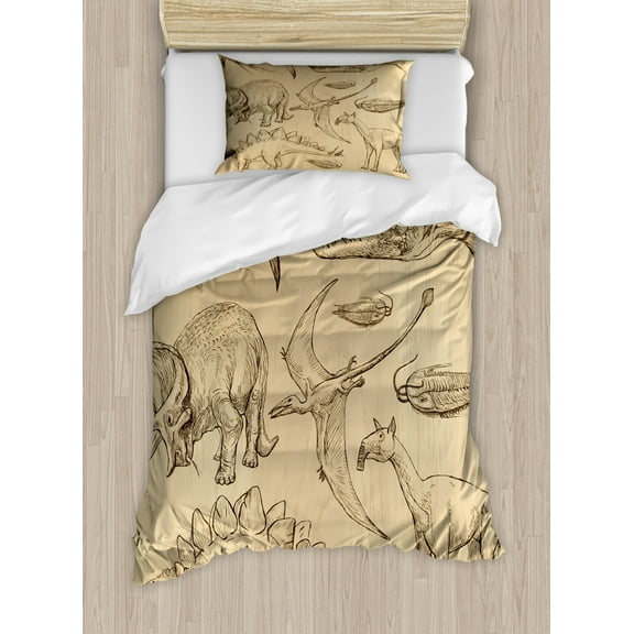 Velociraptor Duvet Cover Set Twin Size, Vintage Sketch of Archaeological Medieval Dinosaurs Evolution Prehistory Art, Decorative 2 Piece Bedding Set with 1 Pillow Sham, Sand Brown, by Ambesonne