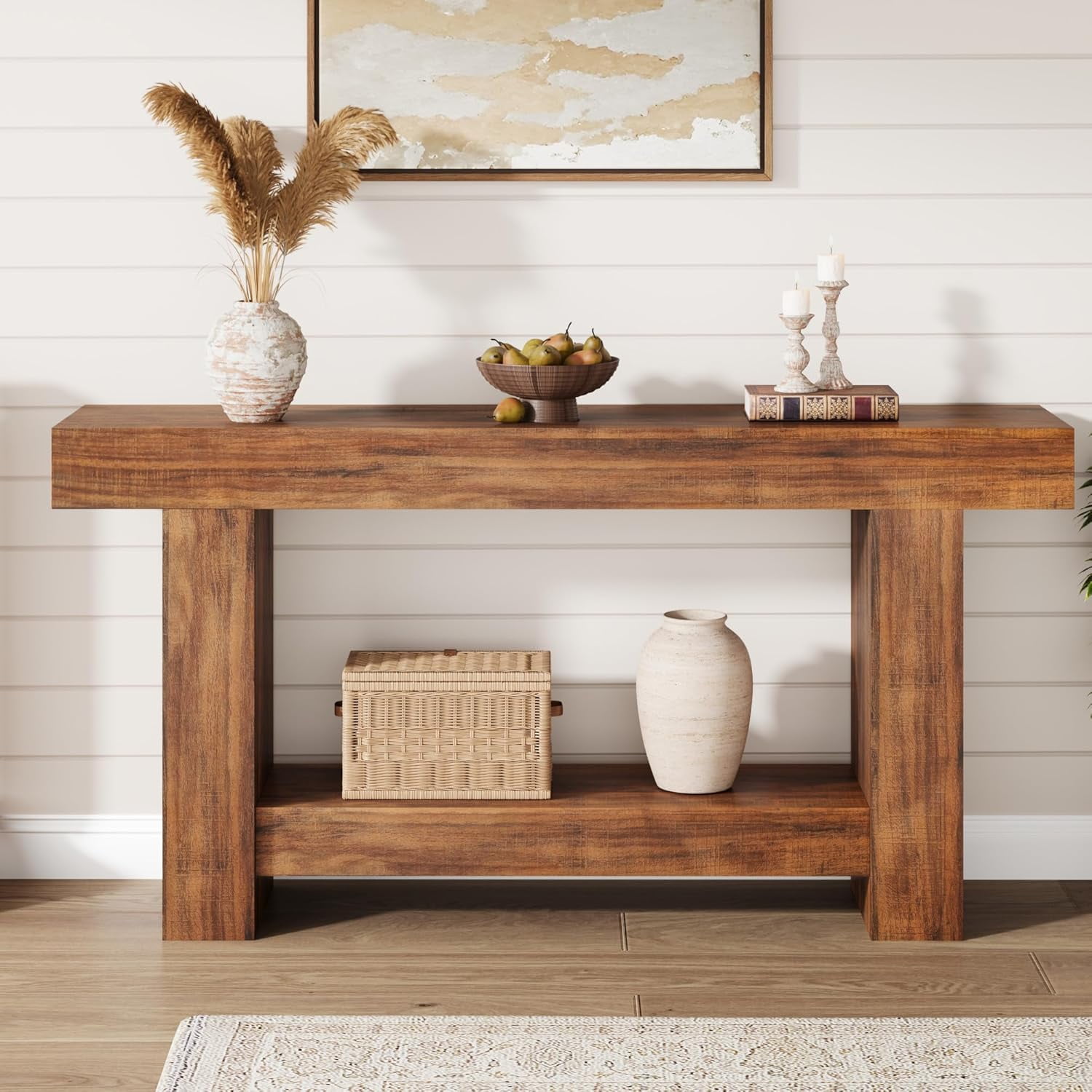 63'' Long Console Table, 2-Tier Narrow Entryway Table Sofa Table with Storage, Farmhouse Wood Behind Couch Table for Living Room, Hallway, Brown