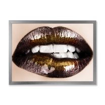 Designart 'Gold Black Lips Biting' Modern Framed Art Print