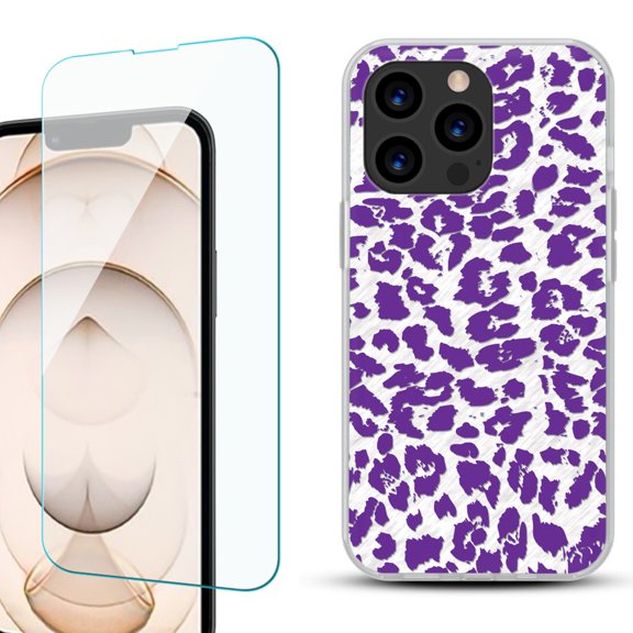 Slim-Fit Anti-Scratch Gel TPU Phone Case for iPhone 13 Pro, with Tempered Glass Screen Protector, by OneToughShield ® - Cheetah Purple