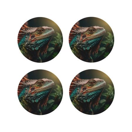 

Leather Coasters Set of 4 - Realistic Colorful Chameleon Lightweight Non-Slip Drink Coasters for Desk Anti-Scalding Desk Cup Coasters for Office Table Decor Round Shape