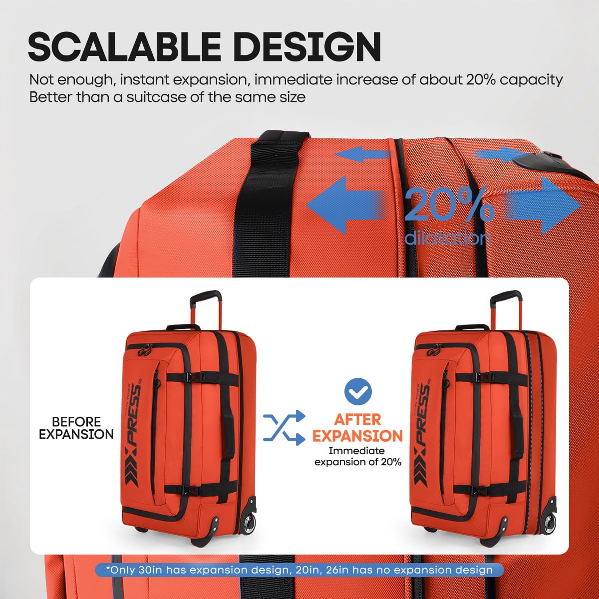 3 Piece Softside Luggage Set, Expandable Suitcases with Wheels, Heavy-Duty Waterproof Travel Bags, 20/26/30 in, Orange - TA069