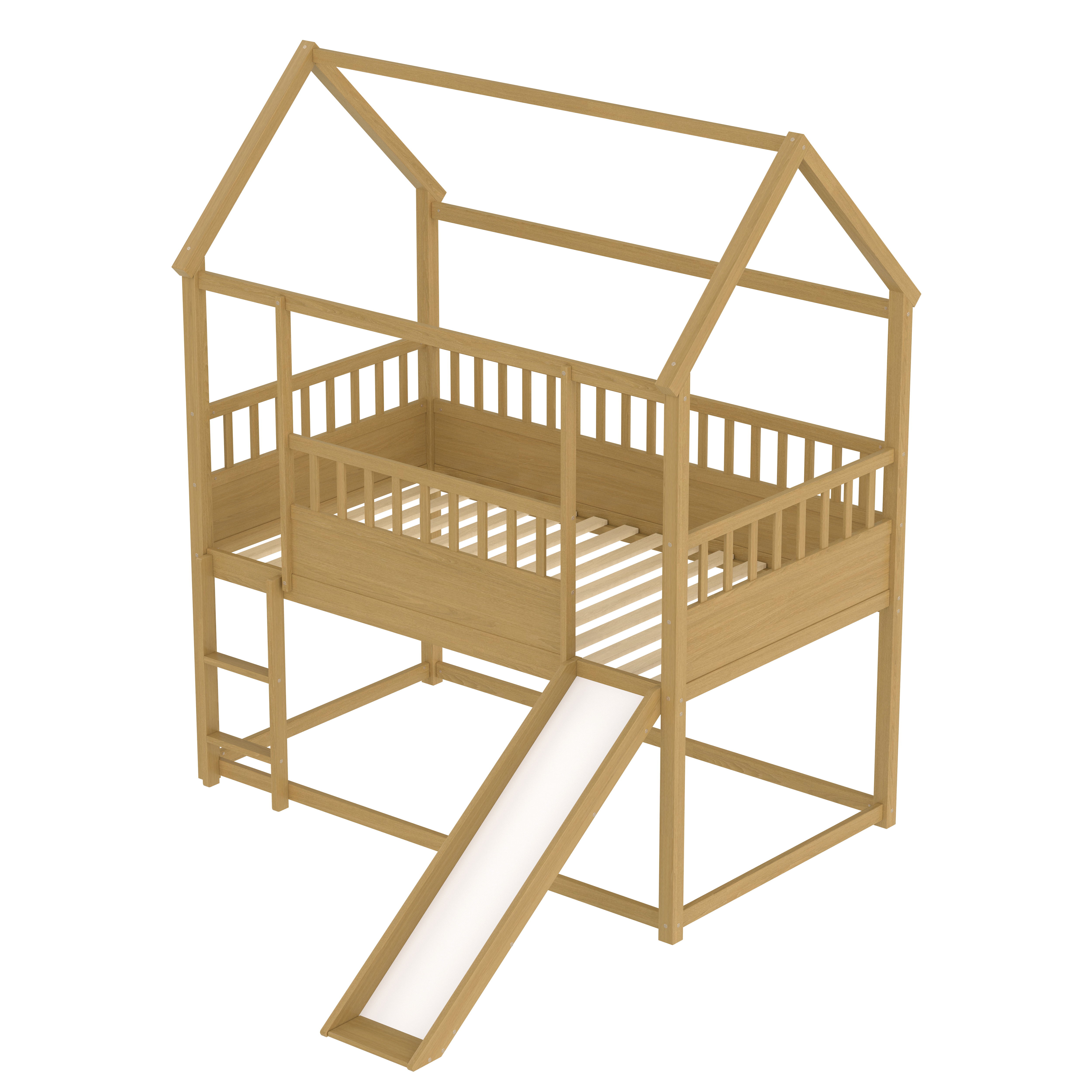 Miniyam Wood Twin Over Twin House Bunk Bed with Slide & Guardrail for Kids, Natural