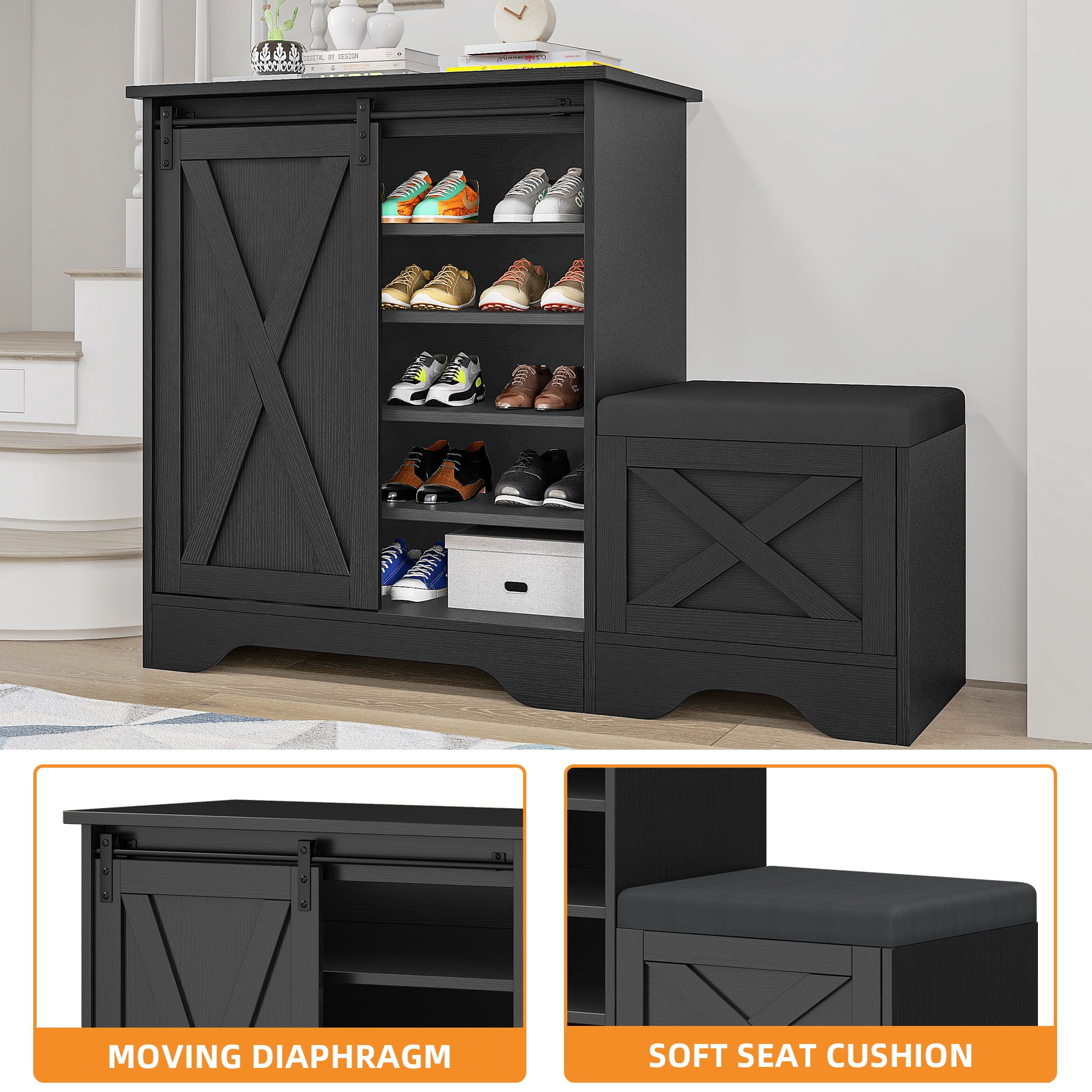Uforic Shoe Cabinet with Sliding Door & Shoe Bench,Farmhouse Narrow Slim 5-Tier Adjustable Shoe Storage Organizer for 20 Pairs for Entryway, Foyer, Black
