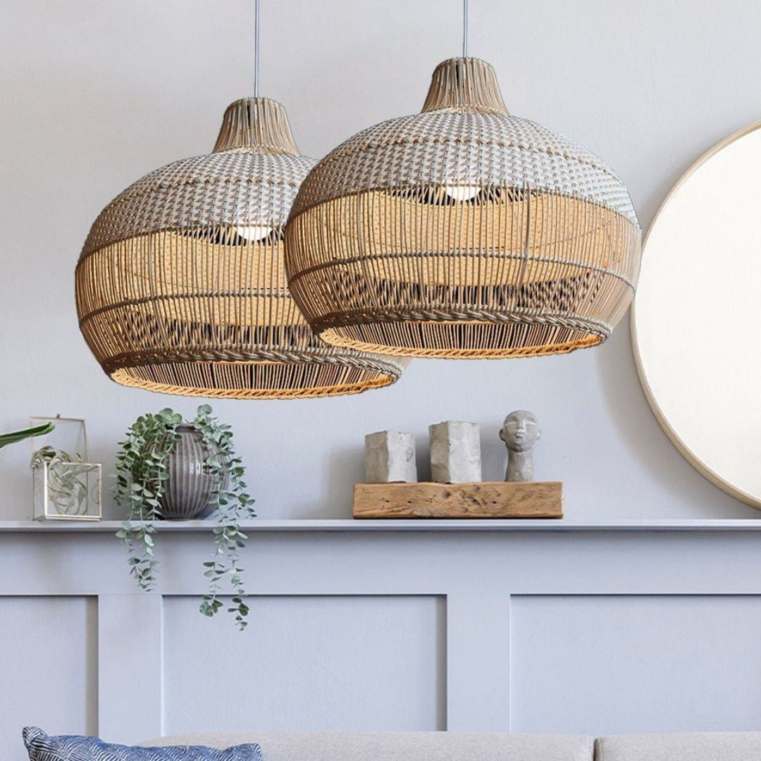 Arturesthome White Rattan Pendant Light, Wicker Hanging Ceiling Light Chandelier, Handmade Woven Lampshade for Kitchen Island