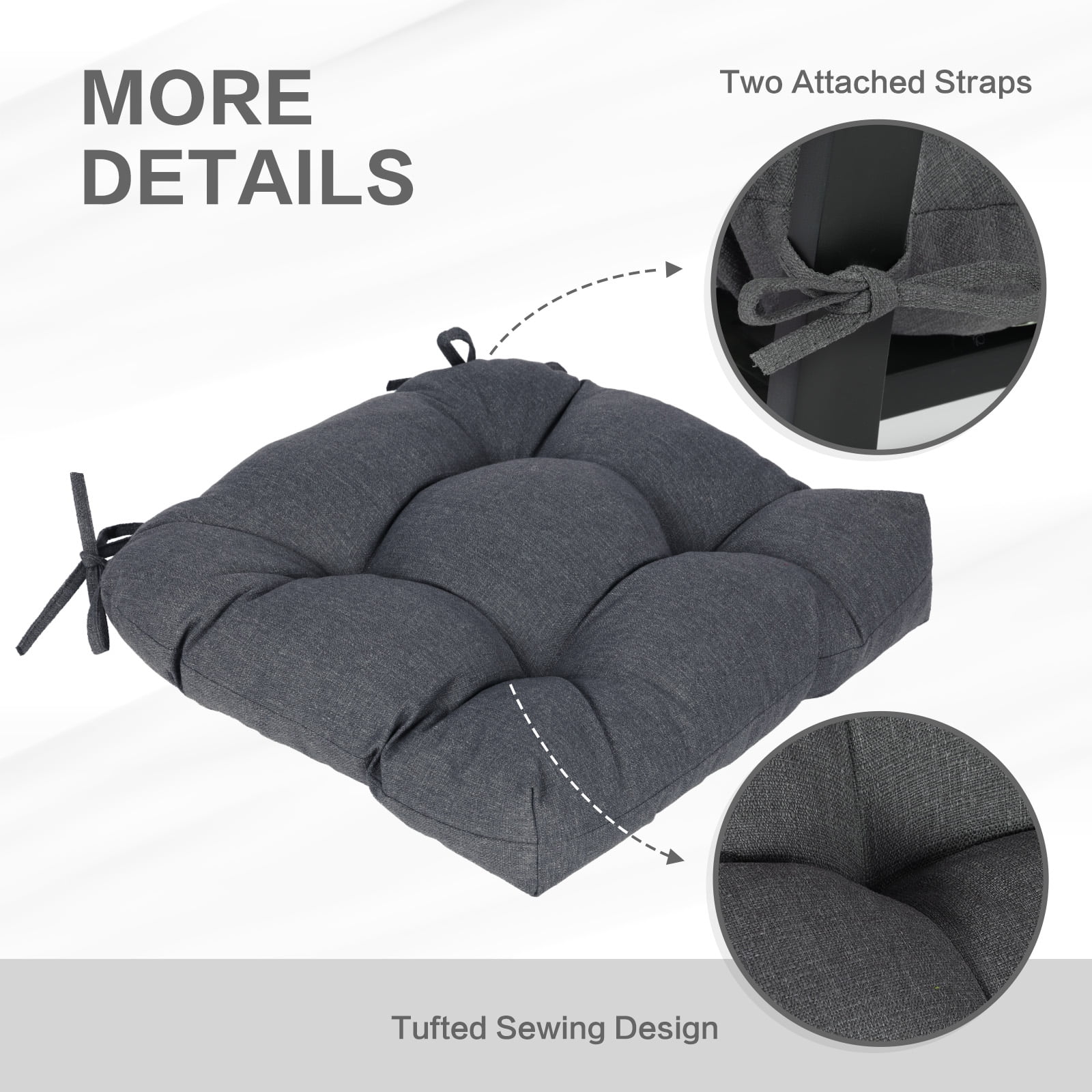 Aoodor 19x19x5 Inch Tufted Outdoor Chair Cushions, Water and Fade Resistant Polyester Dining Chair Pads with Ties for Patio Furniture, Set of 4, Dark Gray