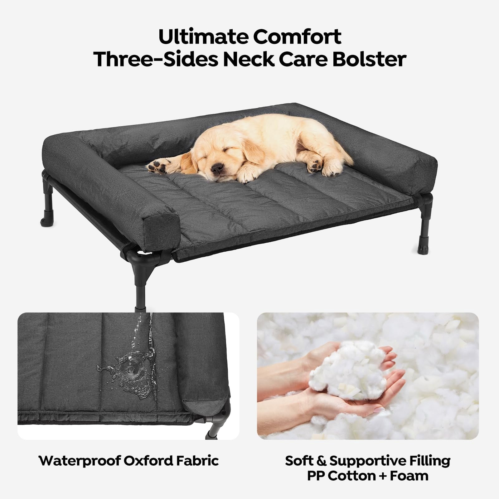 Elevated Dog Bed Add Removable Waterproof Bolster Cushion Mat  Raised Pet With Breathable Teslin Mesh No-slip Feet Sofa For Indoor Outdoor Medium Black Cwc2331b