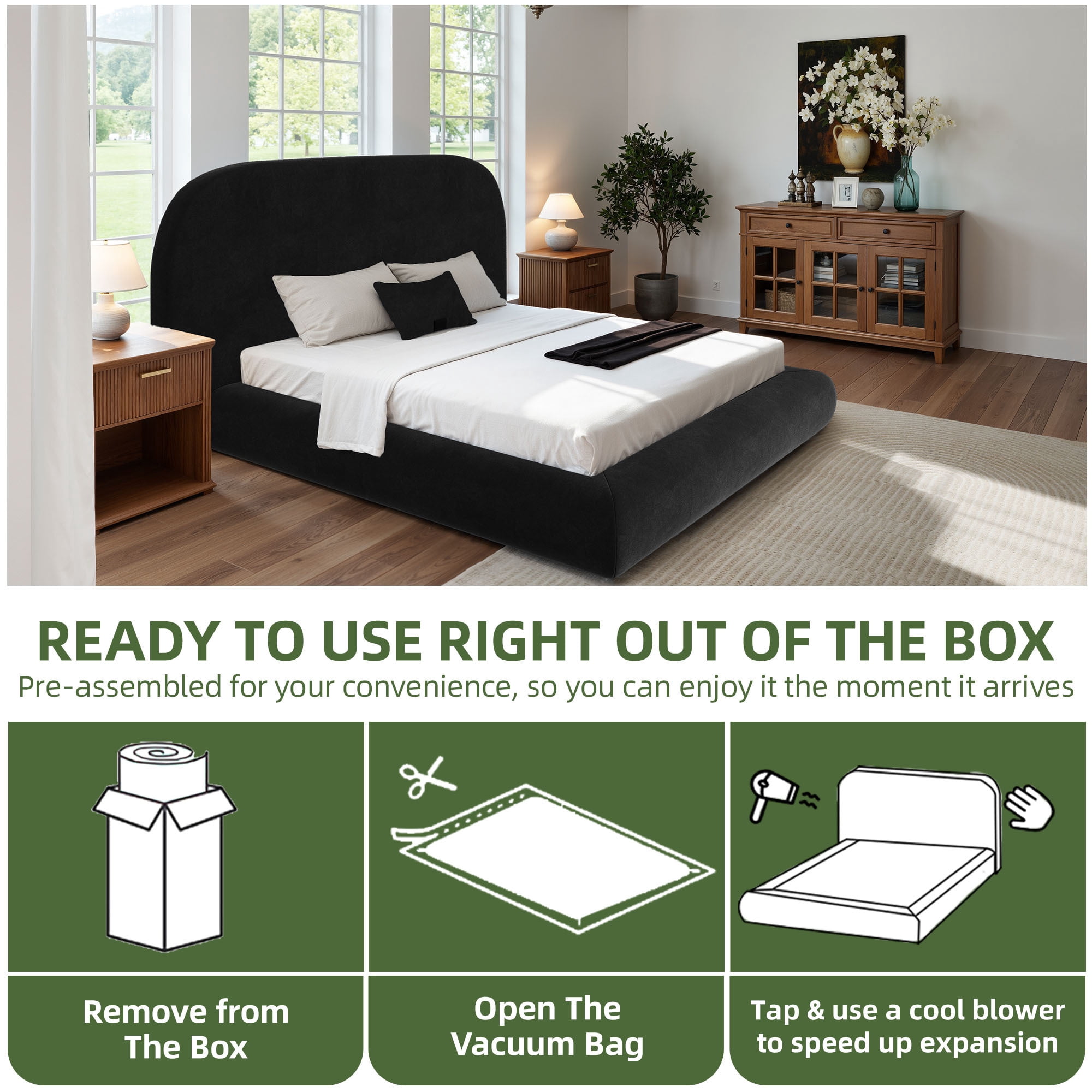 Uforic King Size Velvet Upholstered Platform Bed Frame, Modern Cloud Soft Bed with Rounded Corner Headboard & Footboard, Black