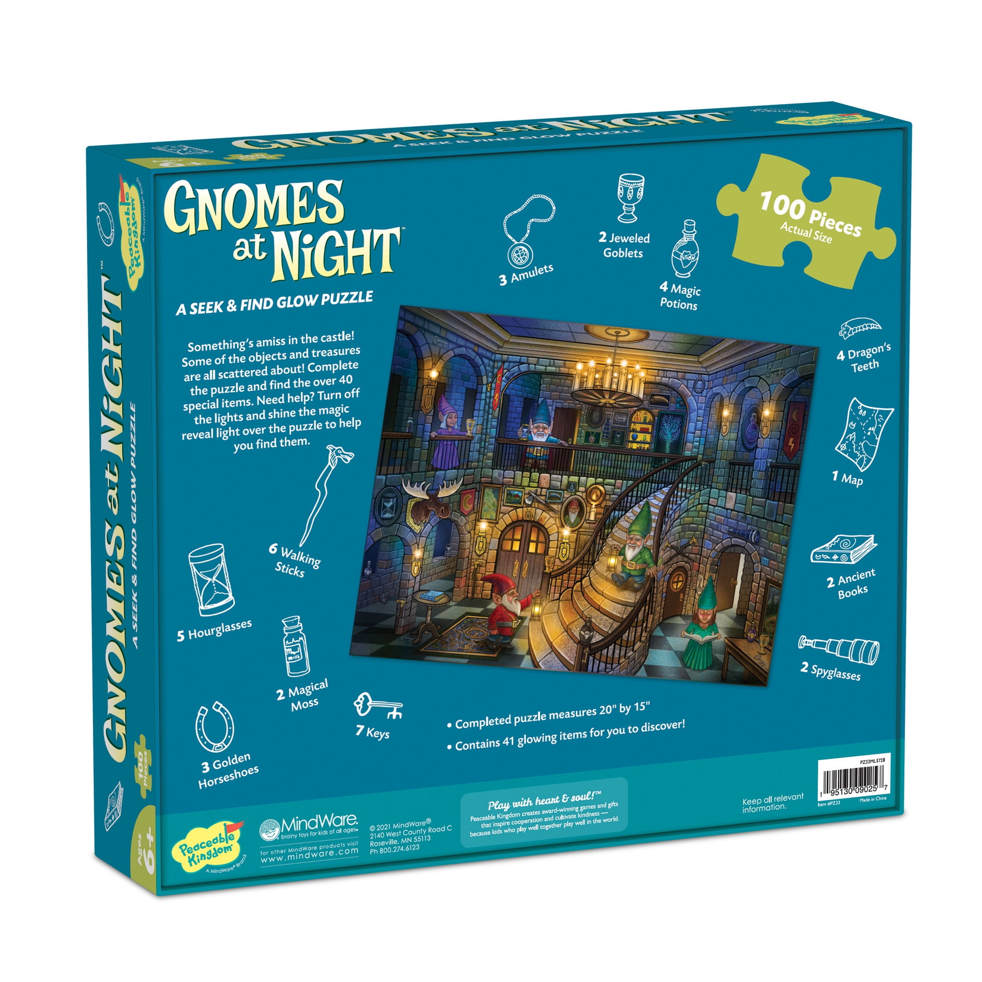 Peaceable Kingdom Gnomes at Night Puzzle, 100-Pc. Seek & Find Glow Puzzle for Kids Ages 6 & Up, Included Blacklight Reveals Hidden Items, Great for Home or Classrooms