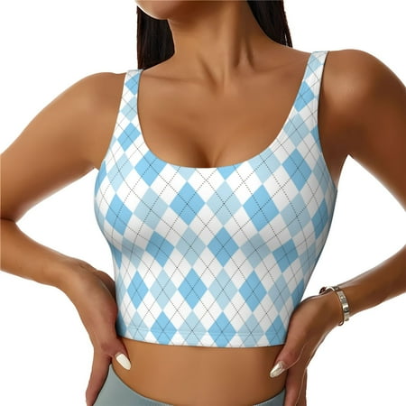 Jgfou Blue and White Squares Print Womens Sports Bra - Padded Workout Sports Bras Crop Tank Top
