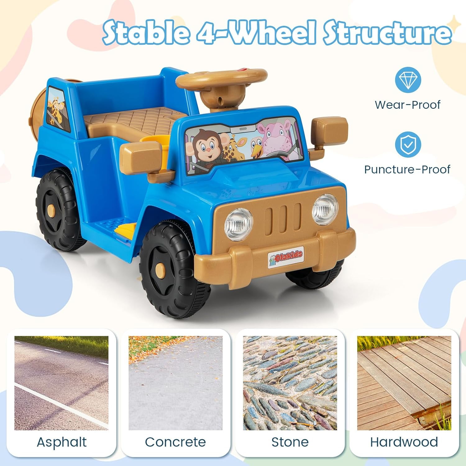 OLAKIDS Ride on Car, 6V Toddler Electric Vehicle with Storage Tire, Horn, Charger, Battery Powered Motorized Quad Riding Toys for 18+ Months Boys Girls