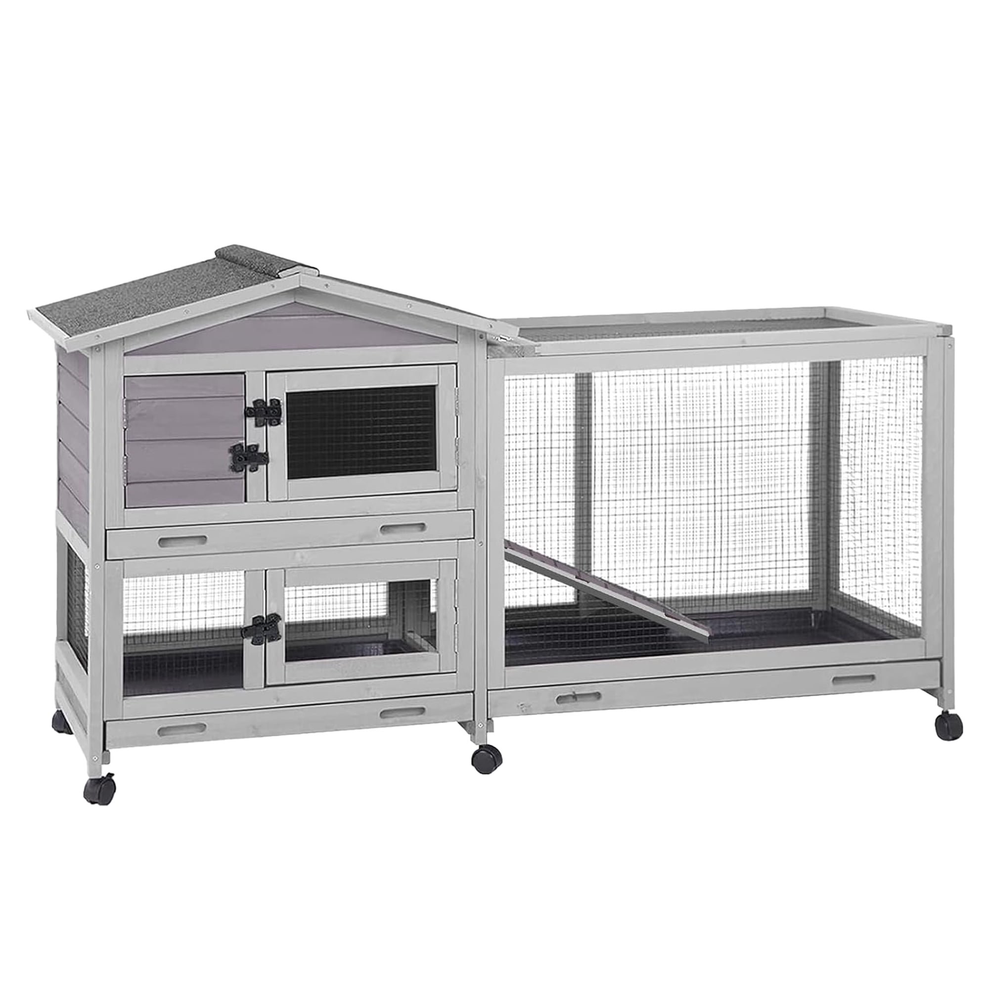 MEDEHOO 61" 2-Story Outdoor Rabbit Hutch on 6 Wheels, Large Wooden Bunny Cage with 3 Deep Front and Back Pull-Out Plastic Trays, Weatherproof Guinea Pig House, Gray