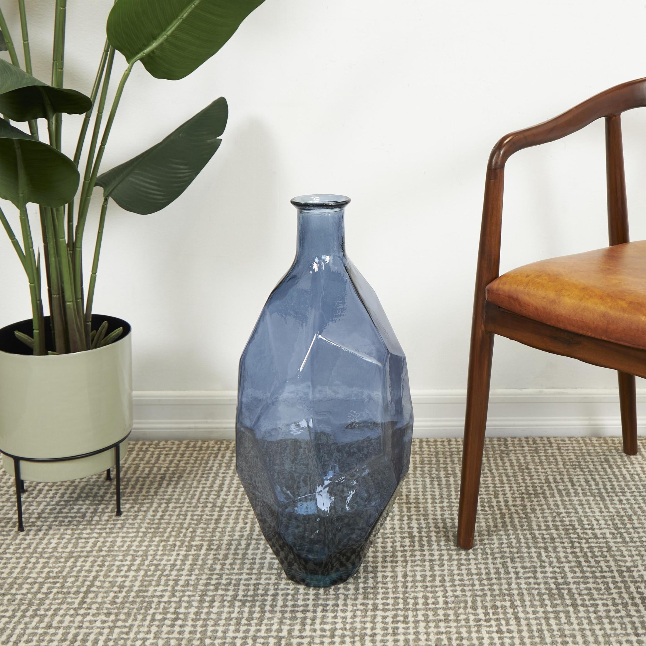 DecMode 24" Abstract Handmade Spanish Bottle Neck Faceted Blue Recycled Glass Vase