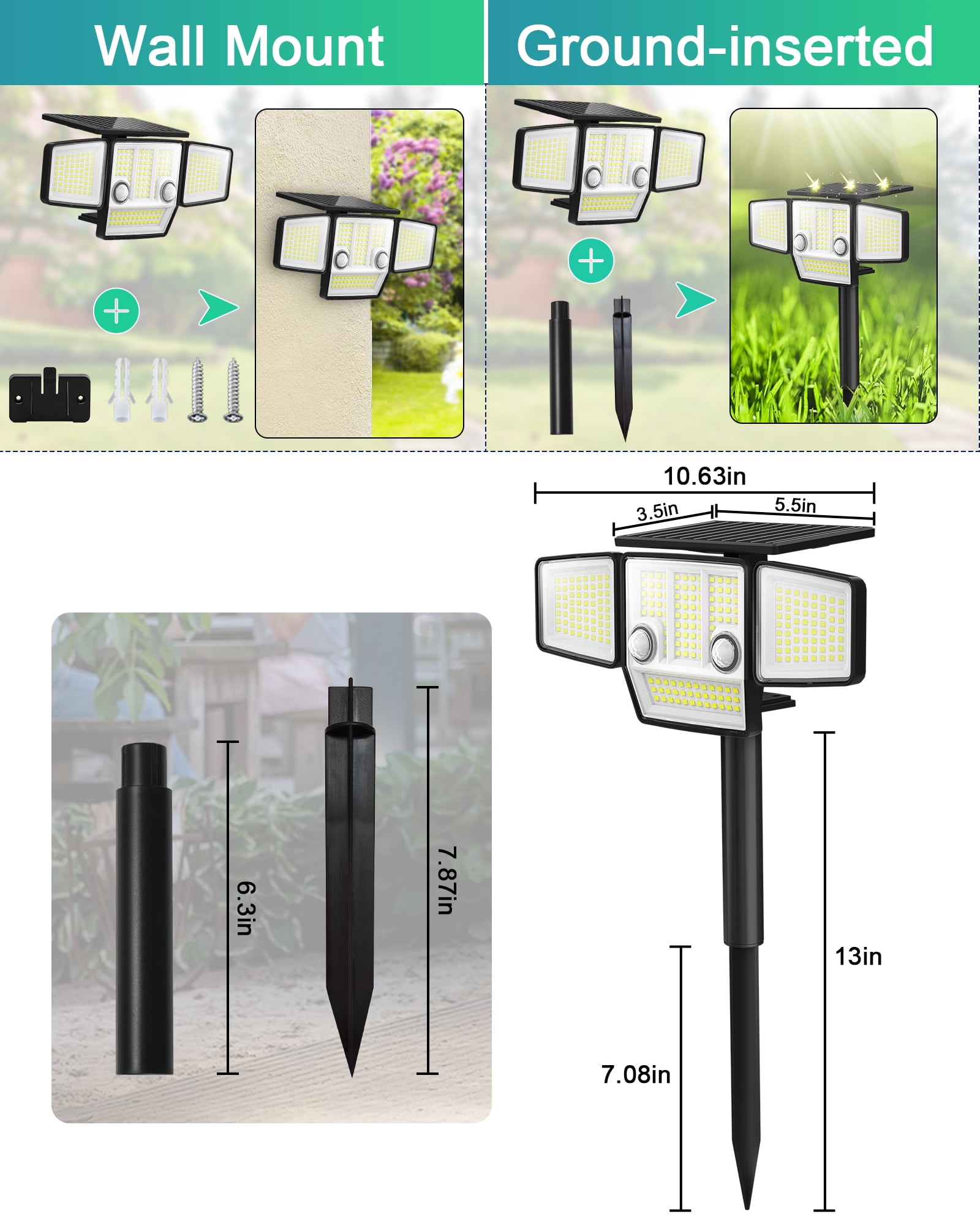 HAARAY Solar Motion Sensor Lights Outdoor with Ground Stake, 3-Head Adjustable 2500LM 236 LED Solar Wall Security Flood Lights IP65 Waterproof for Outside Porch Backyard Patio Garage, 2 Pack